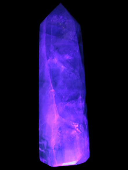Green and Blue Fluorite obelisk 30*35*112mm 250g in UV light - Rocks and Things Store