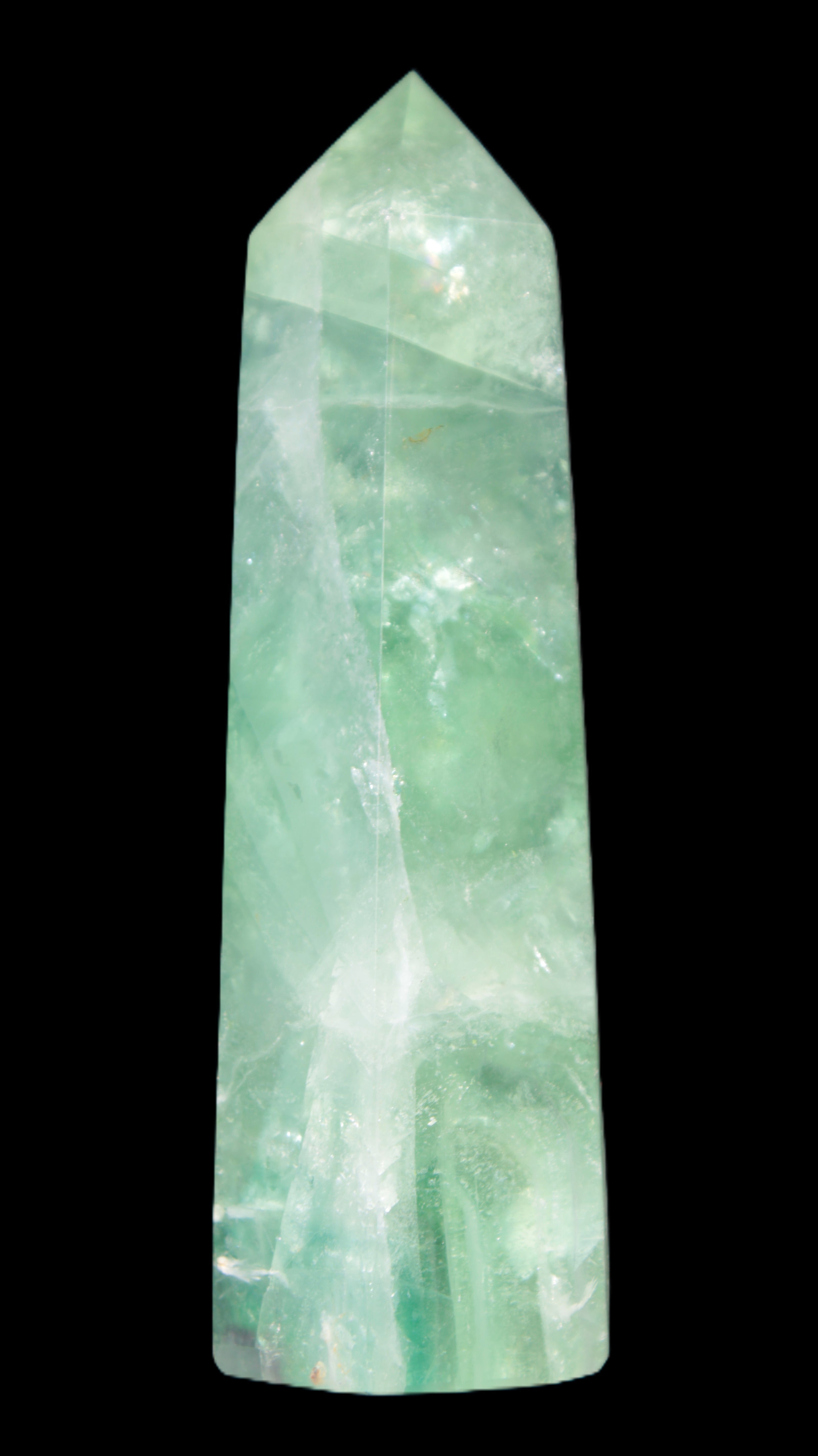 Green and Blue Fluorite obelisk 30*35*112mm 250g in sunlight - Rocks and Things Store