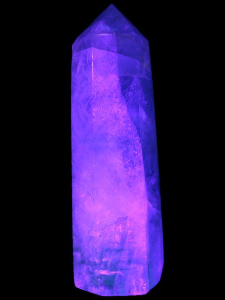 Green and Blue Fluorite obelisk 30*35*112mm 250g in UV light - Rocks and Things Store