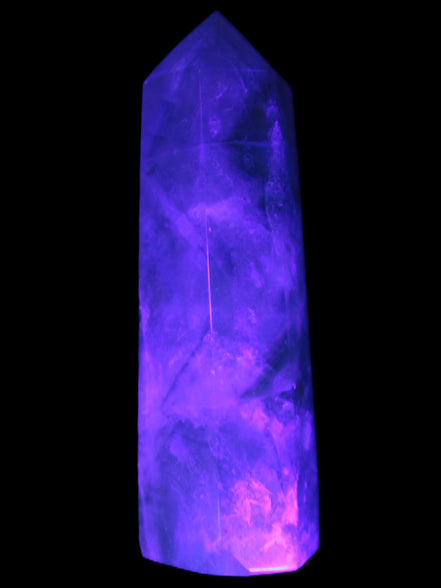 Green and Blue Fluorite obelisk 30*35*112mm 250g in UV light - Rocks and Things Store