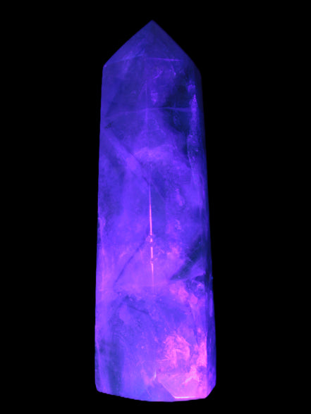Green and Blue Fluorite obelisk 30*35*112mm 250g in UV light - Rocks and Things Store