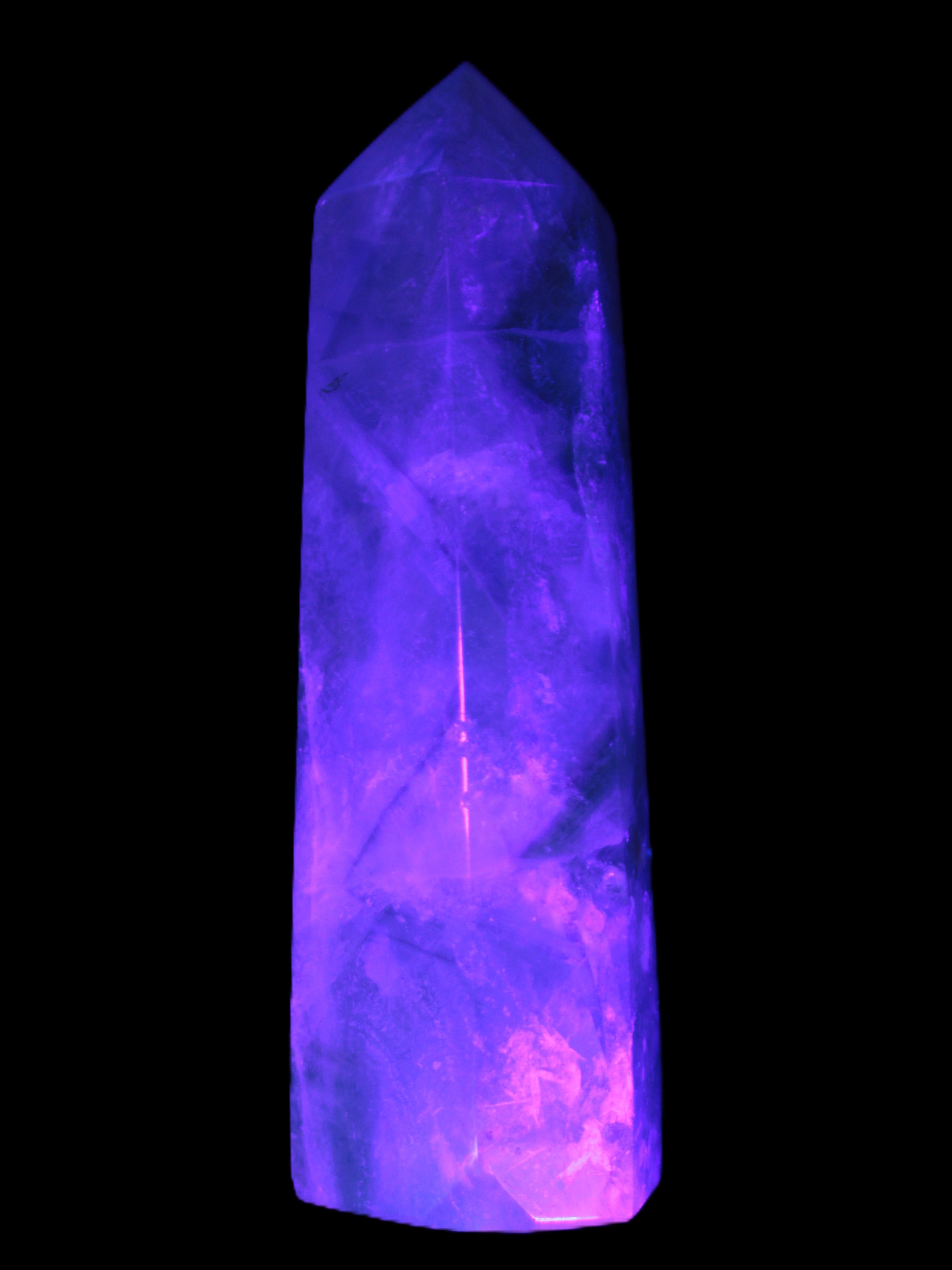 Green and Blue Fluorite obelisk 30*35*112mm 250g in UV light - Rocks and Things Store