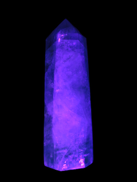 Green and Blue Fluorite obelisk 30*35*112mm 250g in UV light - Rocks and Things Store