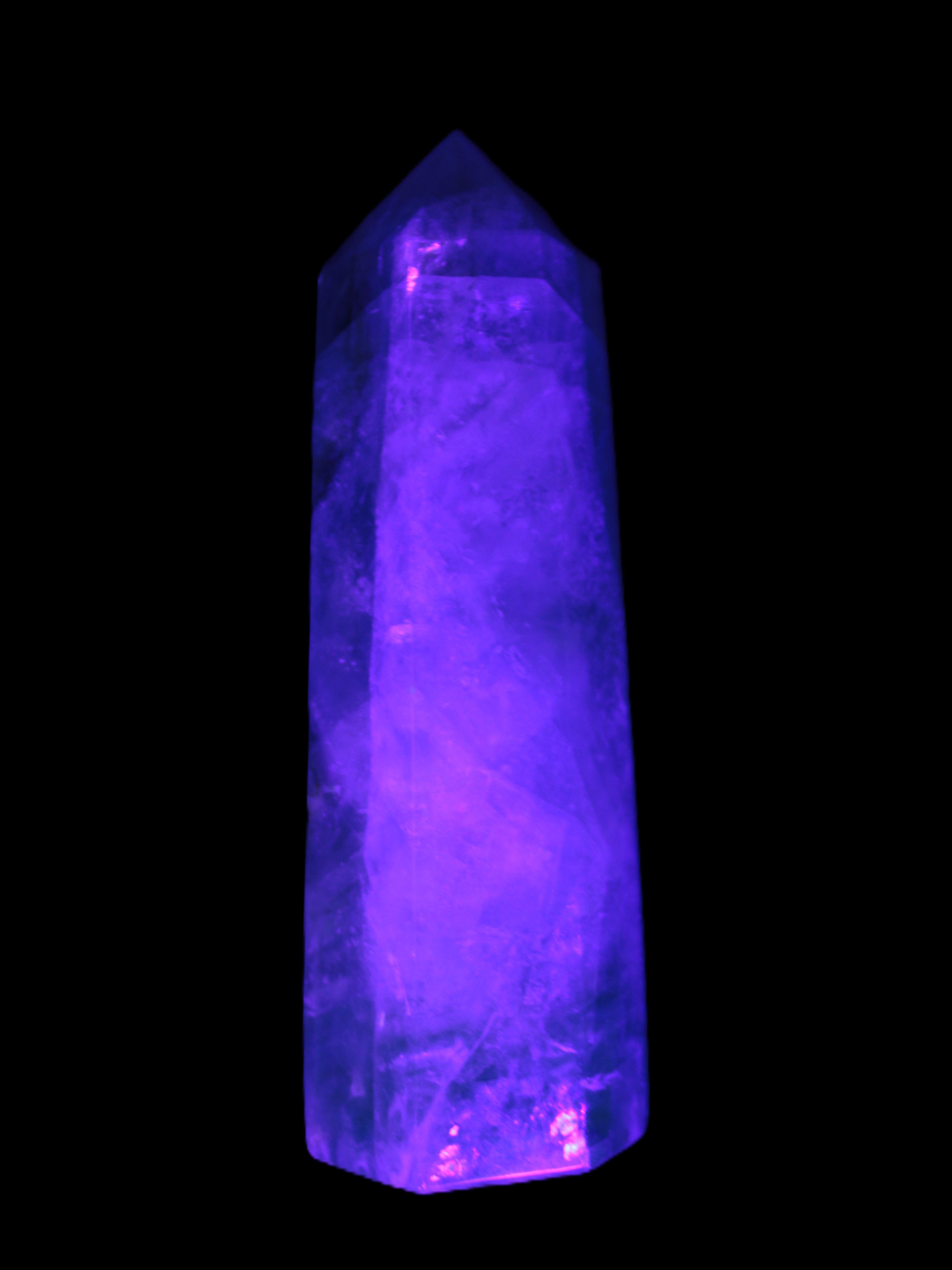 Green and Blue Fluorite obelisk 30*35*112mm 250g in UV light - Rocks and Things Store