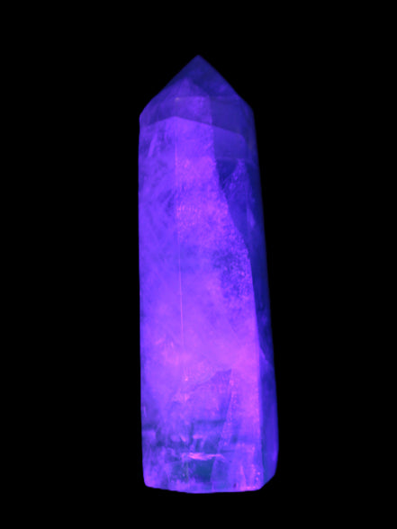 Green and Blue Fluorite obelisk 30*35*112mm 250g in UV light - Rocks and Things Store