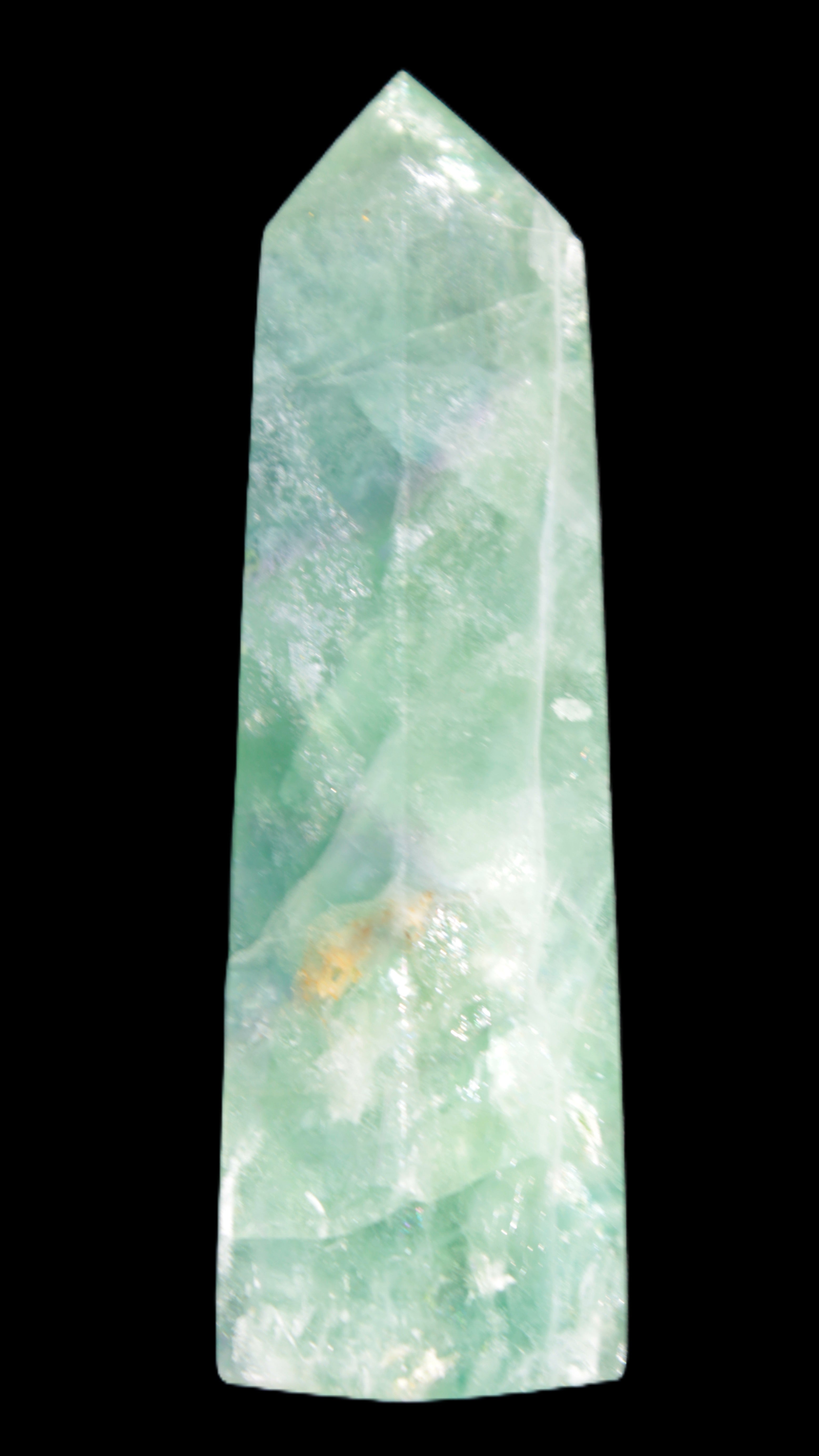 Green and Blue Fluorite obelisk 30*35*112mm 250g in sunlight - Rocks and Things Store