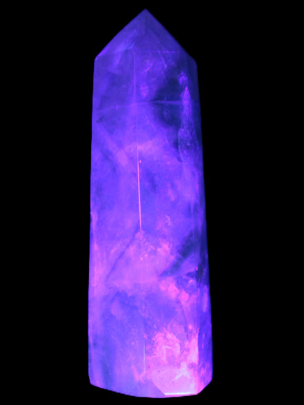 Green and Blue Fluorite obelisk 30*35*112mm 250g in UV light - Rocks and Things Store