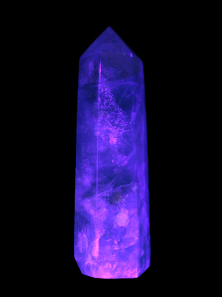 Green and Blue Fluorite obelisk 30*35*112mm 250g in UV light - Rocks and Things Store