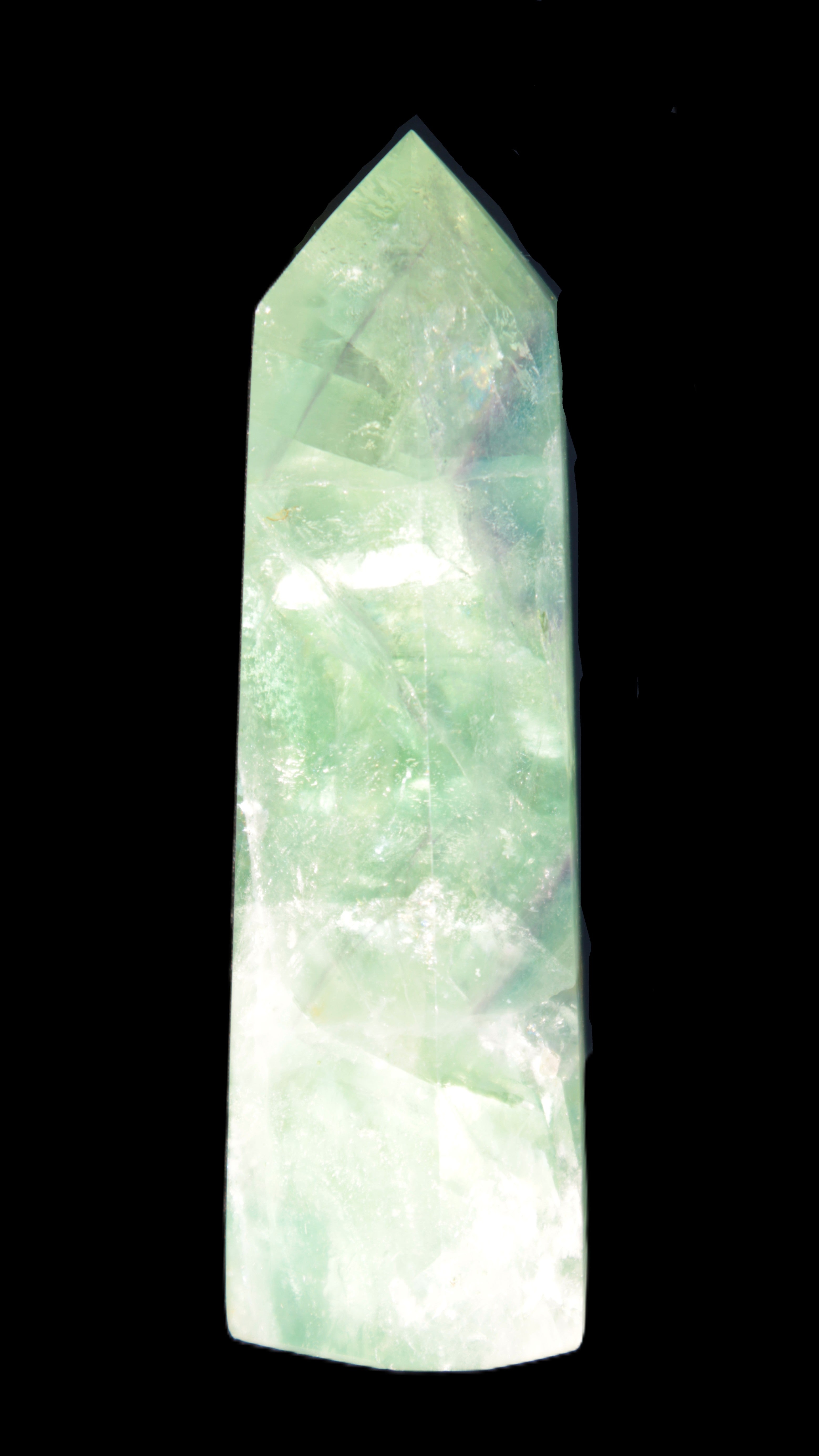 Green and Blue Fluorite obelisk 30*35*112mm 250g in sunlight - Rocks and Things Store