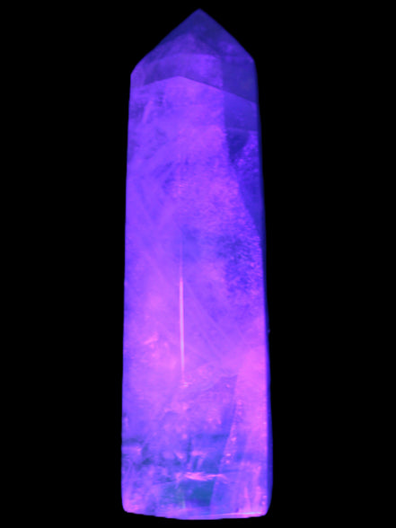 Green and Blue Fluorite obelisk 30*35*112mm 250g in UV light - Rocks and Things Store