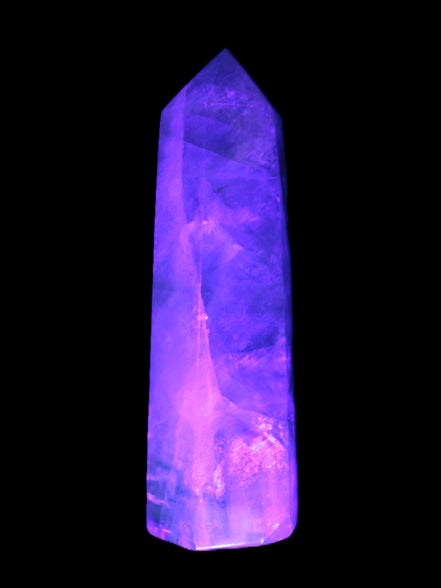 Green and Blue Fluorite obelisk 30*35*112mm 250g in UV light - Rocks and Things Store