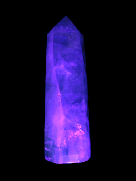 Green and Blue Fluorite obelisk 30*35*112mm 250g in UV light - Rocks and Things Store