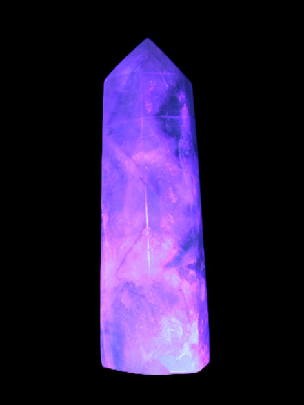 Green and Blue Fluorite obelisk 30*35*112mm 250g in UV light - Rocks and Things Store