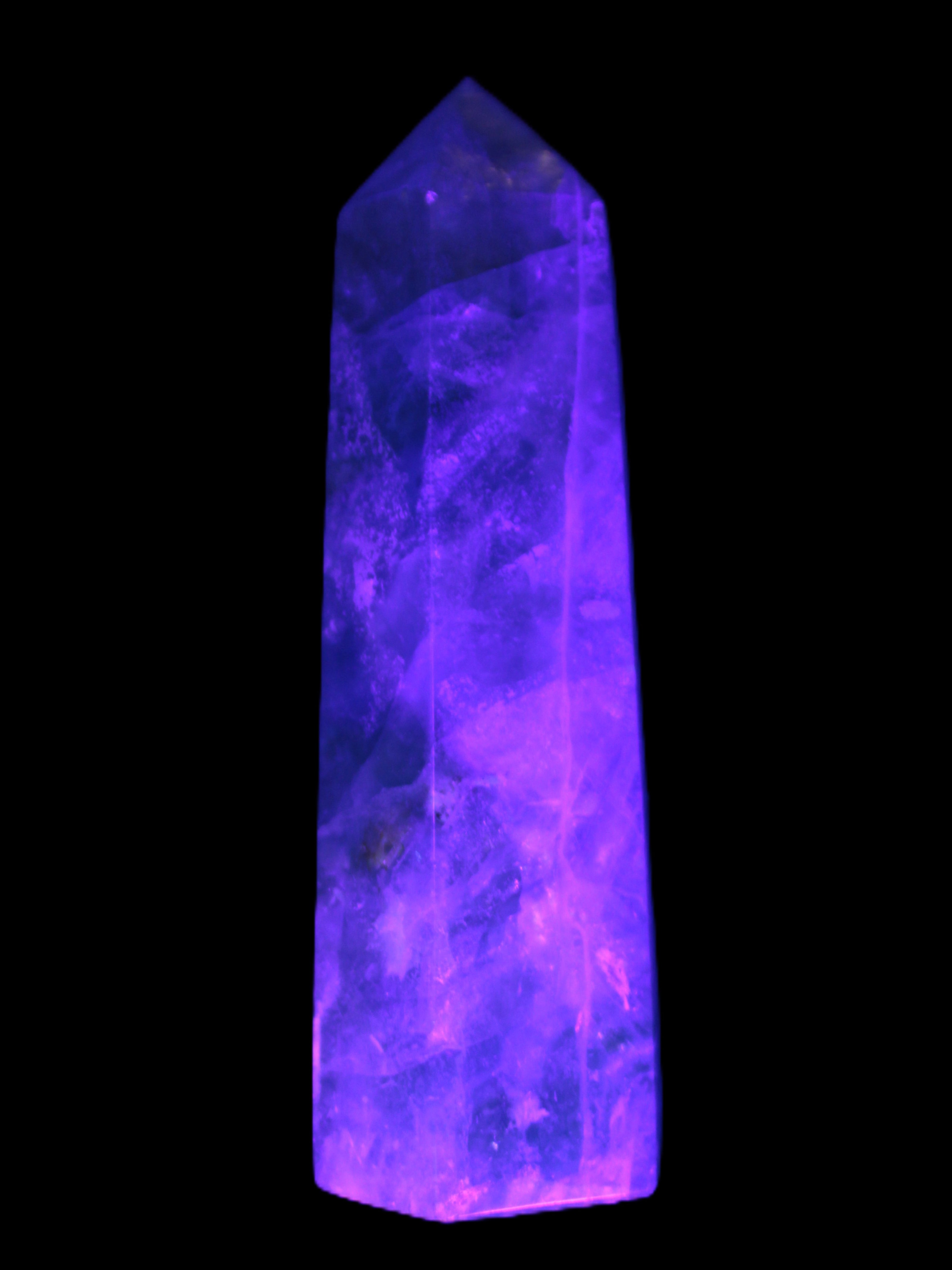 Green and Blue Fluorite obelisk 30*35*112mm 250g in UV light - Rocks and Things Store