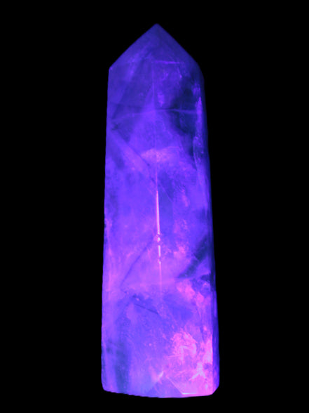 Green and Blue Fluorite obelisk 30*35*112mm 250g in UV light - Rocks and Things Store