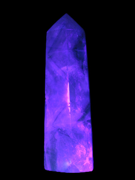 Green and Blue Fluorite obelisk 30*35*112mm 250g in UV light - Rocks and Things Store