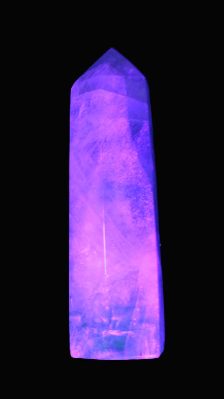 Green and Blue Fluorite obelisk 30*35*112mm 250g in UV light - Rocks and Things Store