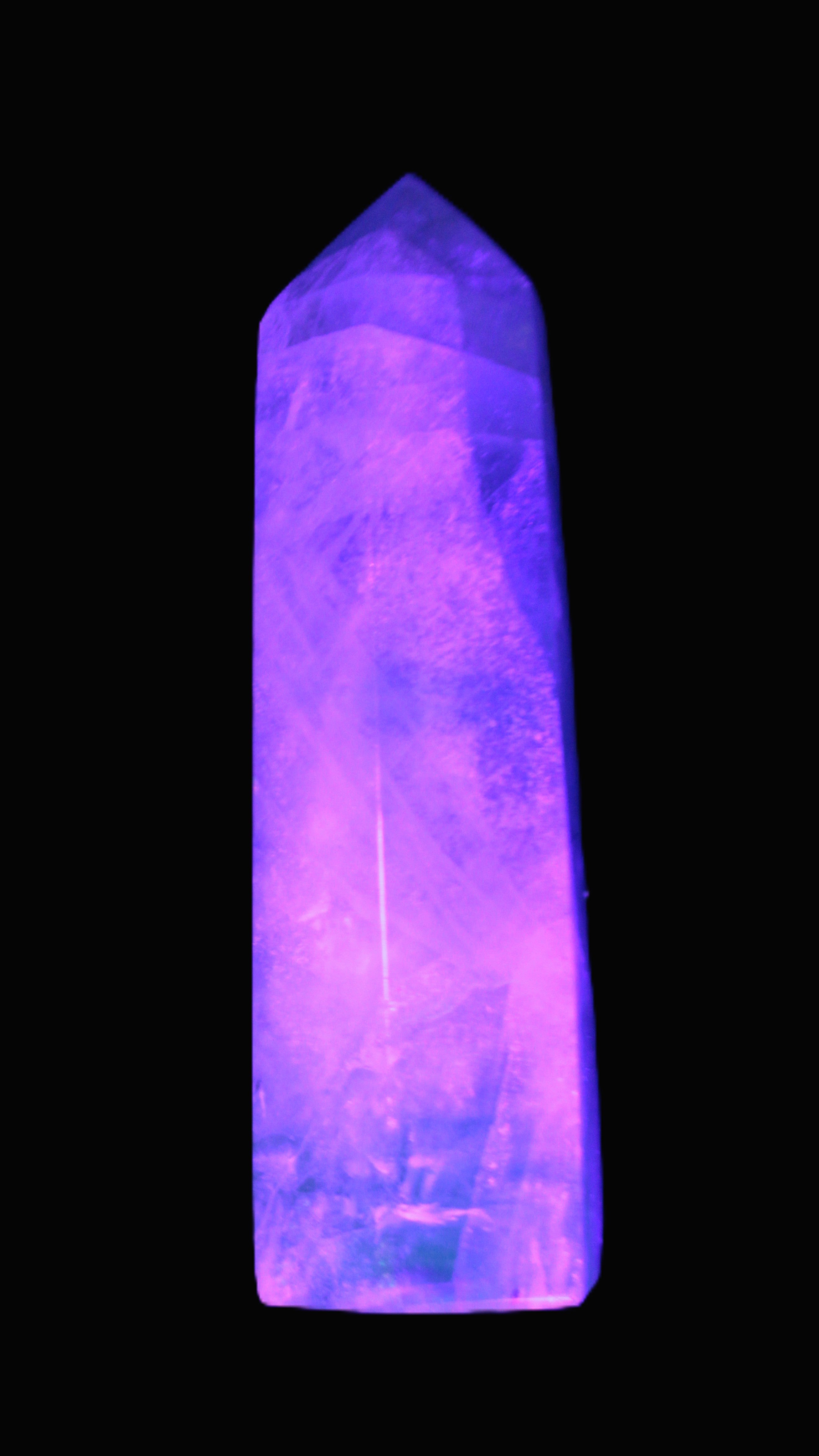 Green and Blue Fluorite obelisk 30*35*112mm 250g in UV light - Rocks and Things Store