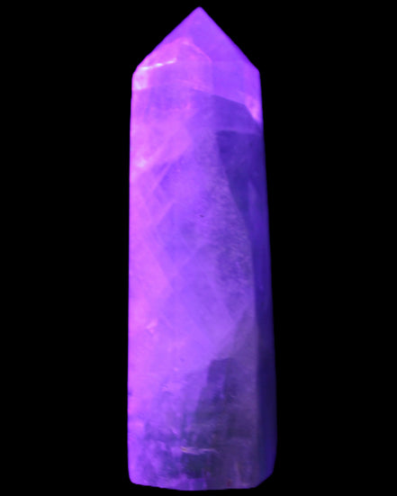 Green and Blue Fluorite obelisk 30*35*112mm 250g in UV light - Rocks and Things Store