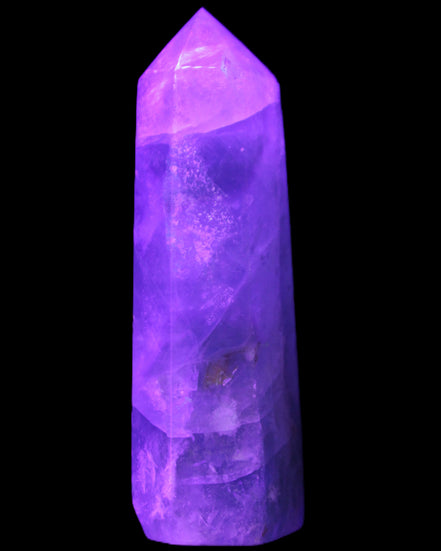 Green and Blue Fluorite obelisk 30*35*112mm 250g in UV light - Rocks and Things Store