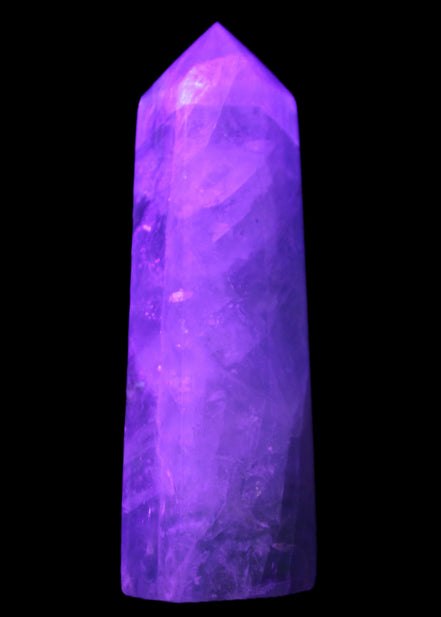 Green and Blue Fluorite obelisk 30*35*112mm 250g in UV light - Rocks and Things Store