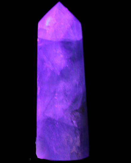 Green and Blue Fluorite obelisk 30*35*112mm 250g in UV light - Rocks and Things Store