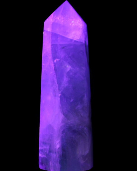 Green and Blue Fluorite obelisk 30*35*112mm 250g in UV light - Rocks and Things Store