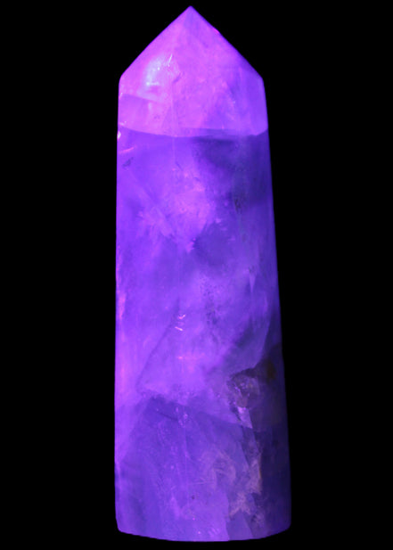Green and Blue Fluorite obelisk 30*35*112mm 250g in UV light - Rocks and Things Store