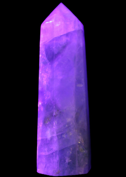 Green and Blue Fluorite obelisk 30*35*112mm 250g in UV light - Rocks and Things Store