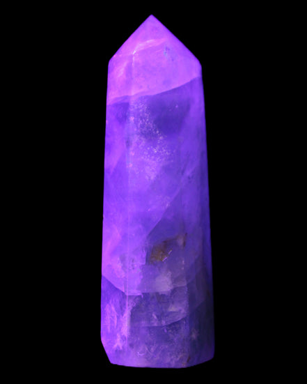 Green and Blue Fluorite obelisk 30*35*112mm 250g in UV light - Rocks and Things Store