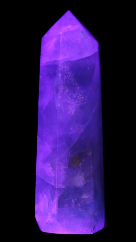 Green and Blue Fluorite obelisk 30*35*112mm 250g in UV light - Rocks and Things Store