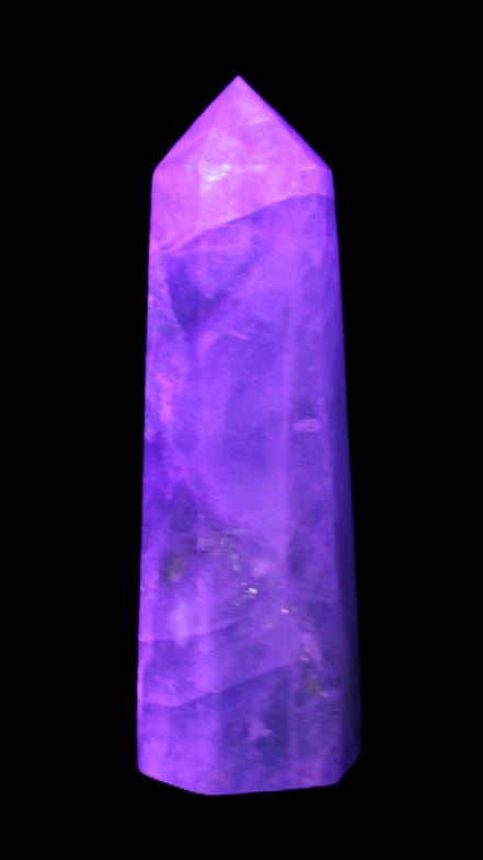 Green and Blue Fluorite obelisk 30*35*112mm 250g in UV light - Rocks and Things Store