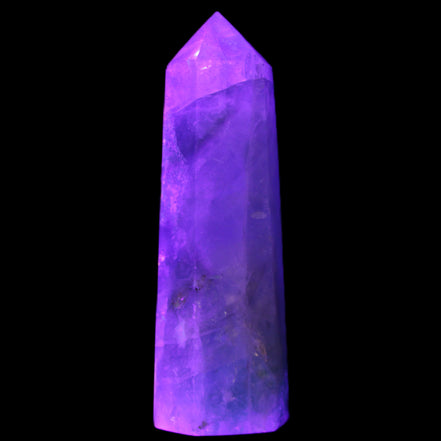 Green and Blue Fluorite obelisk 30*35*112mm 250g in UV light - Rocks and Things Store