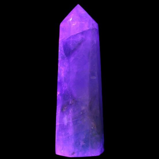 Green and Blue Fluorite obelisk 30*35*112mm 250g in UV light - Rocks and Things Store