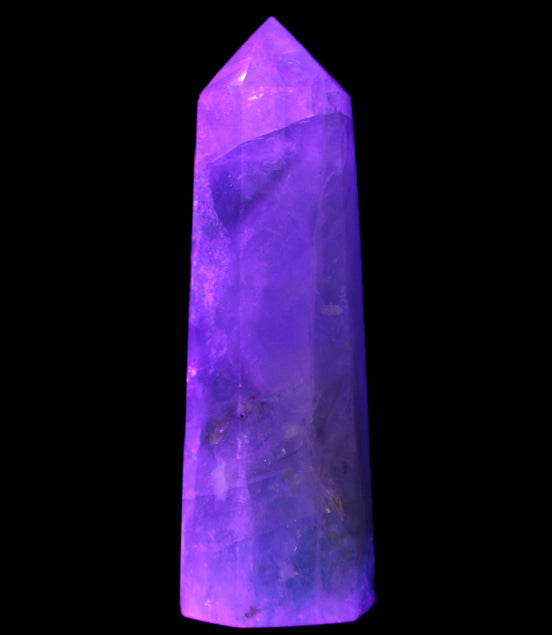 Green and Blue Fluorite obelisk 30*35*112mm 250g in UV light - Rocks and Things Store