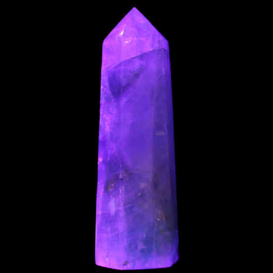 Green and Blue Fluorite obelisk 30*35*112mm 250g in UV light - Rocks and Things Store