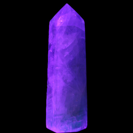 Green and Blue Fluorite obelisk 30*35*112mm 250g in UV light - Rocks and Things Store