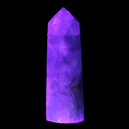 Green and Blue Fluorite obelisk 30*35*112mm 250g in UV light - Rocks and Things Store