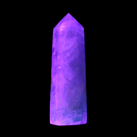 Green and Blue Fluorite obelisk 30*35*112mm 250g in UV light - Rocks and Things Store