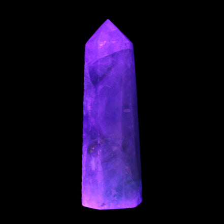 Green and Blue Fluorite obelisk 30*35*112mm 250g in UV light - Rocks and Things Store