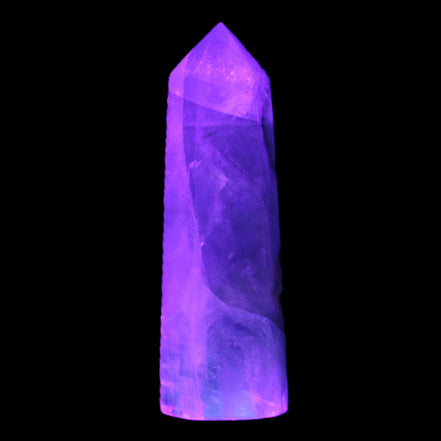 Green and Blue Fluorite obelisk 30*35*112mm 250g in UV light - Rocks and Things Store