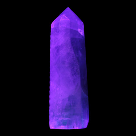 Green and Blue Fluorite obelisk 30*35*112mm 250g in UV light - Rocks and Things Store