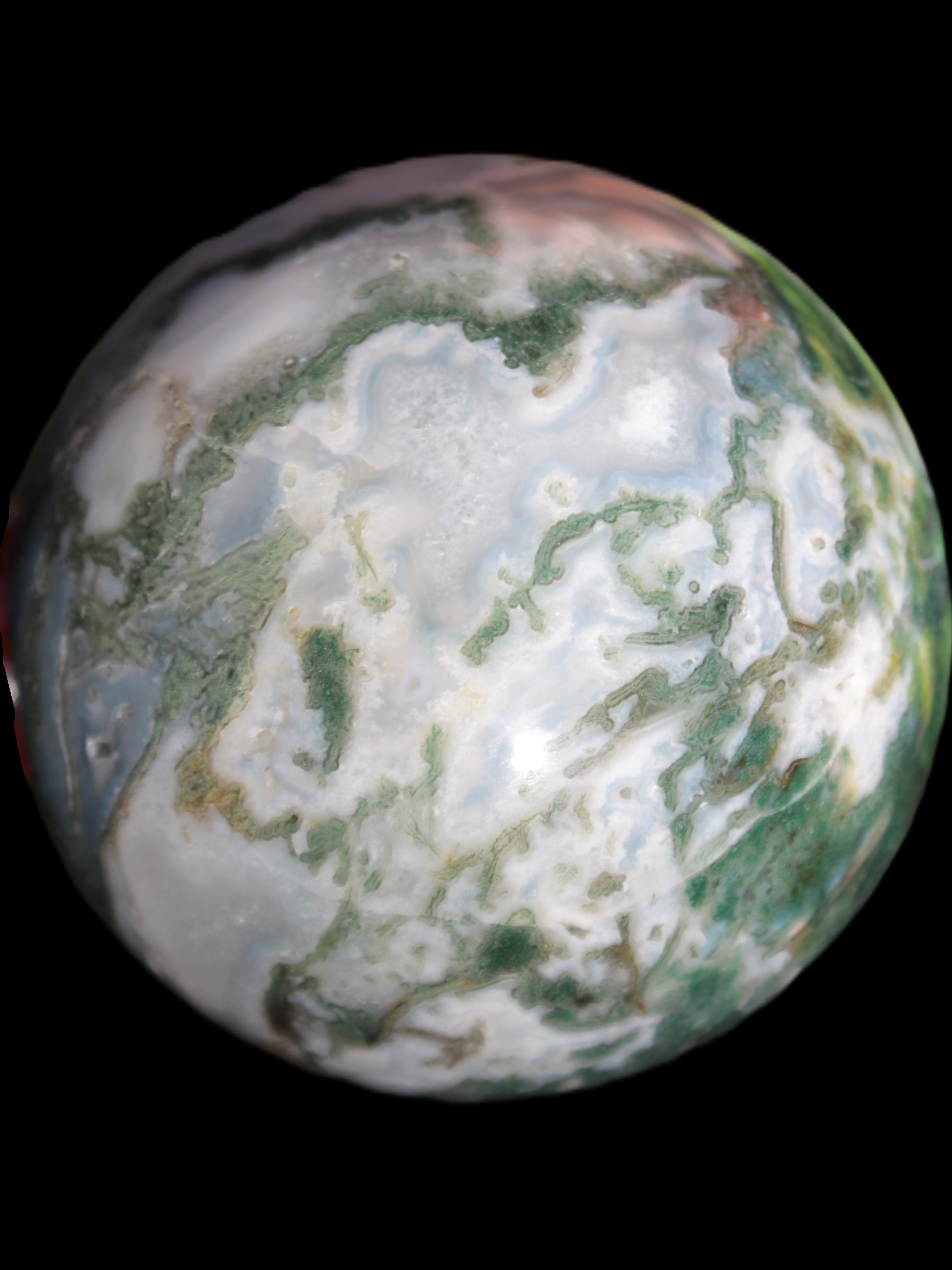 Ocean Moss Agate sphere 70mm 606g in sunlight
