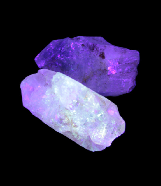 Two Fenster crystals 26mm 13.3g in UV light