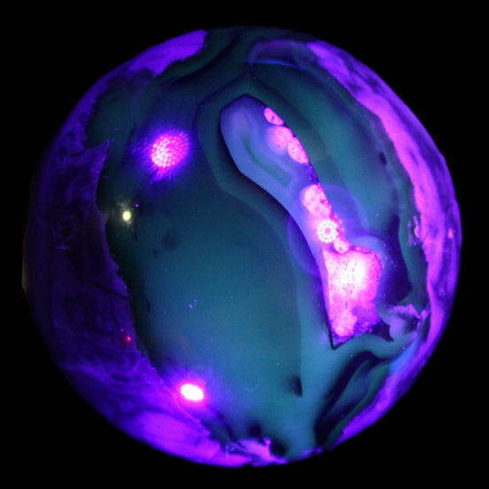Volcano Agate sphere 56mm 248g in UV light - Rocks and Things Store