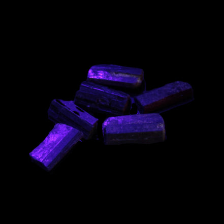 Green Tourmaline 6 short natural crystals 6g in UV light - Rocks and Things Store