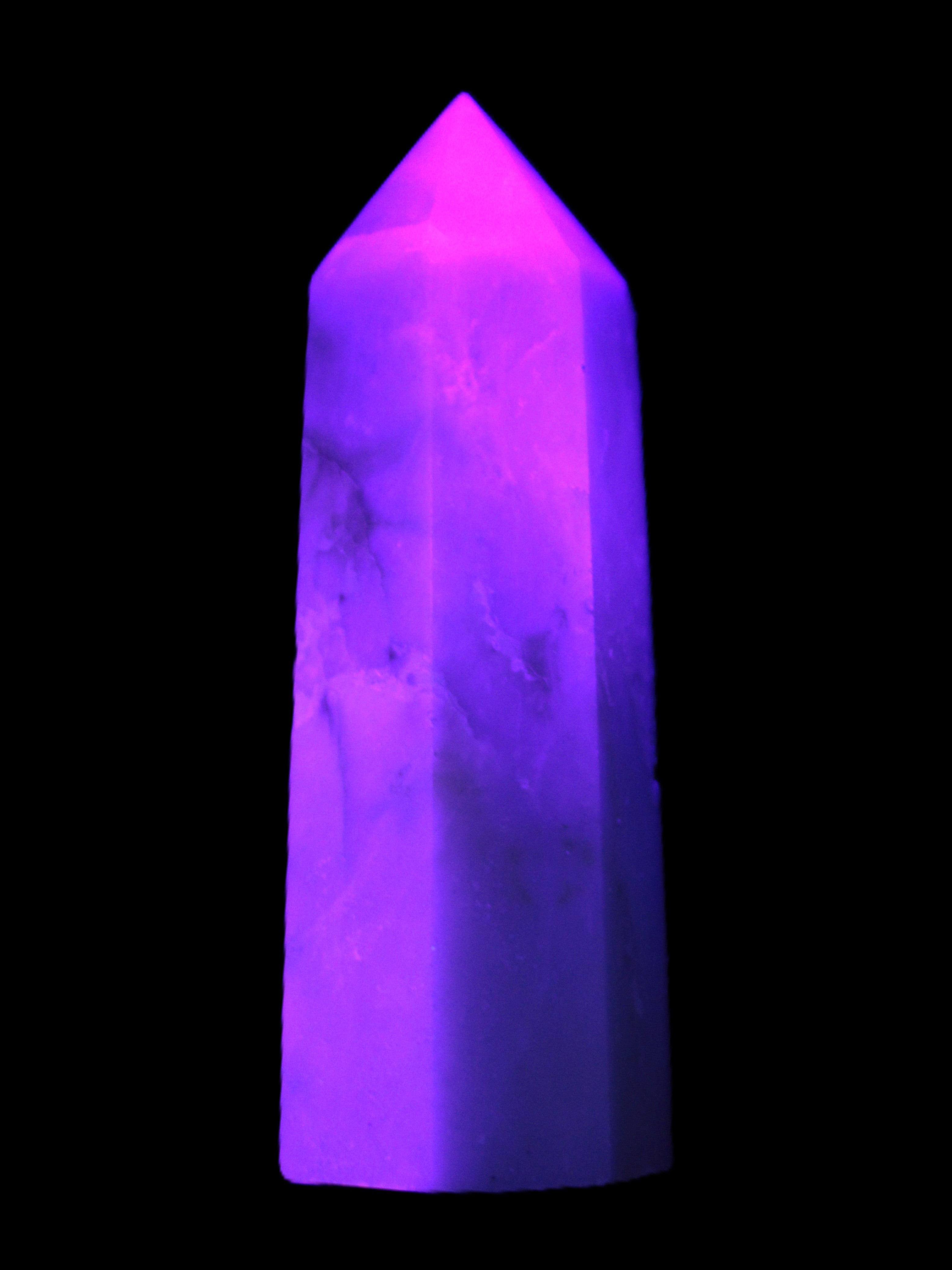 Caribbean Calcite Aragonite wand 54g in UV light - Rocks and Things Store