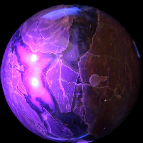Large Volcano Agate sphere 154mm 4980g in UV light - Rocks and Things Store