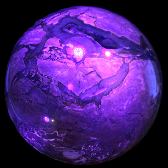 Massive Volcano Agate sphere 185mm 7920g in UV light - Rocks and Things Store