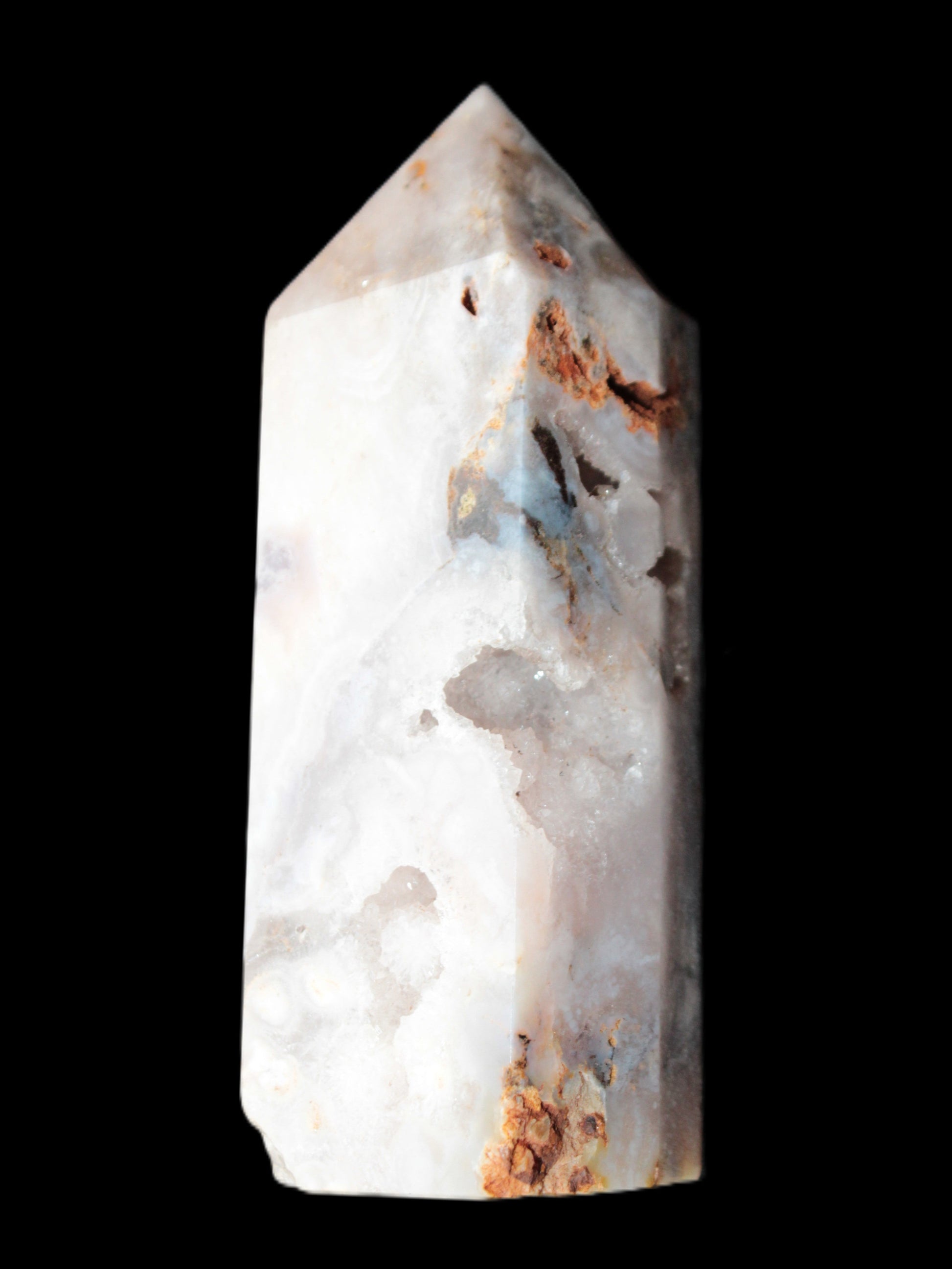 Pink Sakura Agate with geode caves obelisk 40*32*106mm 245g in sunlight - Rocks and Things Store